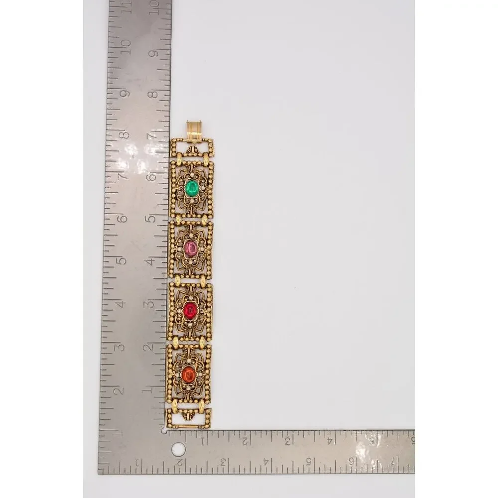 Vintage Cabochon Bracelet Multi-Color Antiqued Aged Gold Heavy Chunky 1960s Bin5